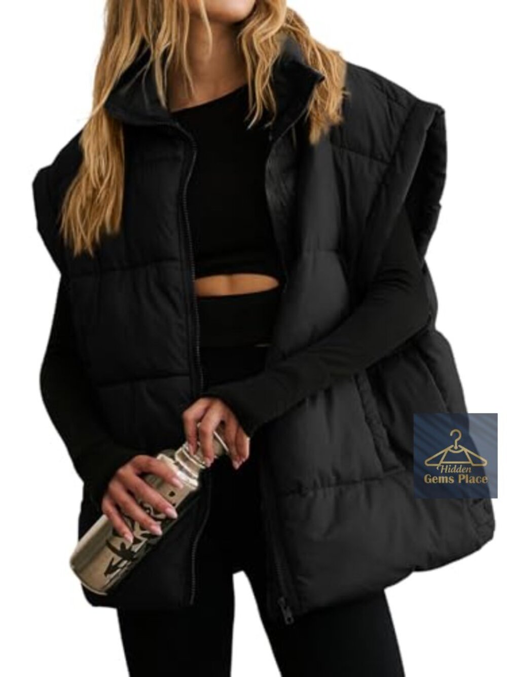 Quilted Puffer Vest Stand Collar Sleeveless Zip Front Winter Layering